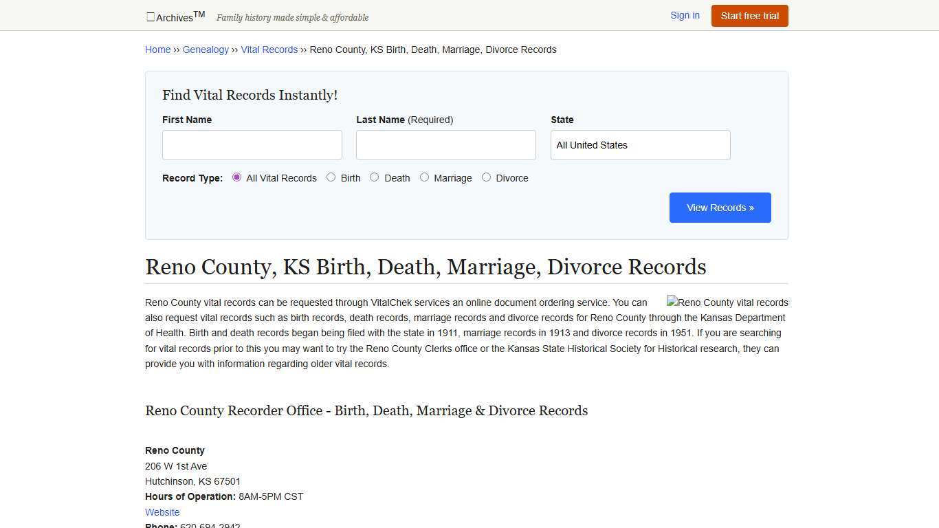 Reno County, KS Birth, Death, Marriage, Divorce Records