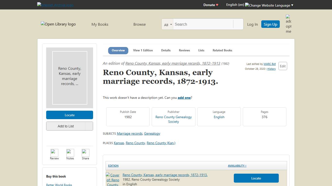 Reno County, Kansas, early marriage records, 1872-1913. | Open Library